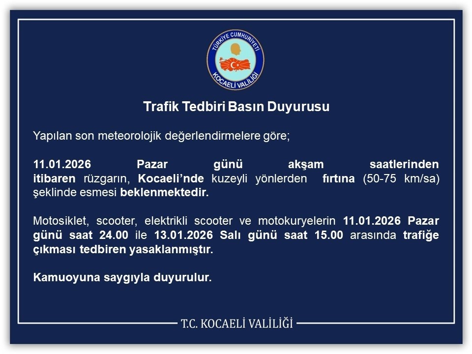 Kocaeli’de motosiklet, scooter ve motokuryelerin trafiğe çıkışı yasaklandı
